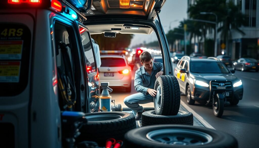 A 24/7 mobile tire repair service operating in Kuwait, captured in a detailed scene. In the foreground, a well-equipped van with its emergency lights flashing, surrounded by tools and equipment necessary for on-site tire repairs. The middle ground features a driver in a uniform, kneeling next to a vehicle's tire, diligently at work. In the background, a busy urban street with a variety of vehicles, conveying the idea of this service being readily available anytime, anywhere. The lighting is a mix of natural daylight and the van's interior illumination, creating a sense of urgency and professionalism. The overall atmosphere is one of efficient, reliable, and customer-focused mobile tire assistance. A 24/7 mobile tire repair service operating in Kuwait, captured in a detailed scene. In the foreground, a well-equipped van with its emergency lights flashing, surrounded by tools and equipment necessary for on-site tire repairs. The middle ground features a driver in a uniform, kneeling next to a vehicle's tire, diligently at work. In the background, a busy urban street with a variety of vehicles, conveying the idea of this service being readily available anytime, anywhere. The lighting is a mix of natural daylight and the van's interior illumination, creating a sense of urgency and professionalism. The overall atmosphere is one of efficient, reliable, and customer-focused mobile tire assistance.