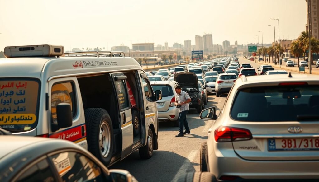 A bustling mobile tire repair service, "بنشر مبارك الكبير," providing on-the-road tire solutions across Kuwait. A well-equipped van with a vibrant signage dominates the foreground, surrounded by a diverse fleet of vehicles in need of attention. The middle ground showcases the skilled technician in action, expertly changing tires and ensuring smooth journeys for customers. In the background, a sun-dappled urban landscape sets the scene, emphasizing the service's widespread availability throughout the country. Warm lighting, a sense of motion, and an atmosphere of efficiency convey the reliable and accessible nature of this mobile tire repair operation. A bustling mobile tire repair service, "بنشر مبارك الكبير," providing on-the-road tire solutions across Kuwait. A well-equipped van with a vibrant signage dominates the foreground, surrounded by a diverse fleet of vehicles in need of attention. The middle ground showcases the skilled technician in action, expertly changing tires and ensuring smooth journeys for customers. In the background, a sun-dappled urban landscape sets the scene, emphasizing the service's widespread availability throughout the country. Warm lighting, a sense of motion, and an atmosphere of efficiency convey the reliable and accessible nature of this mobile tire repair operation.