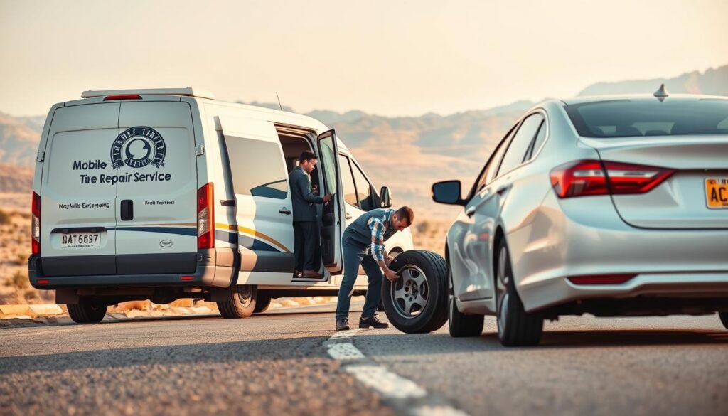 A clean, well-lit roadside scene showing a mobile tire repair service van parked on the side of a desert highway. The van has a prominent sign or logo indicating it is a "طلب خدمة بنشر متنقل" (Mobile Tire Repair Service). In the foreground, a man in a work uniform is changing a flat tire on a car, using professional tools and equipment. The background features a vast, arid landscape with mountains or dunes in the distance, conveying a sense of remoteness. The lighting is natural and warm, creating a welcoming atmosphere. The overall composition suggests efficiency, reliability, and the convenience of having a mobile tire repair service available on the road. A clean, well-lit roadside scene showing a mobile tire repair service van parked on the side of a desert highway. The van has a prominent sign or logo indicating it is a "طلب خدمة بنشر متنقل" (Mobile Tire Repair Service). In the foreground, a man in a work uniform is changing a flat tire on a car, using professional tools and equipment. The background features a vast, arid landscape with mountains or dunes in the distance, conveying a sense of remoteness. The lighting is natural and warm, creating a welcoming atmosphere. The overall composition suggests efficiency, reliability, and the convenience of having a mobile tire repair service available on the road.