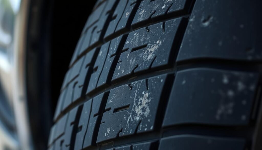 A close-up view of a car tire with uneven wear patterns across its surface. The tread is visibly more worn down on one side, indicating an alignment issue or improper tire inflation. The tire appears worn and aged, with visible cracks and discoloration. The background is blurred, focusing the viewer's attention on the damaged tire. The lighting is natural, casting gentle shadows that accentuate the tire's texture and degradation. The overall mood is one of concern, highlighting the need for tire maintenance and repair to ensure safe driving. A close-up view of a car tire with uneven wear patterns across its surface. The tread is visibly more worn down on one side, indicating an alignment issue or improper tire inflation. The tire appears worn and aged, with visible cracks and discoloration. The background is blurred, focusing the viewer's attention on the damaged tire. The lighting is natural, casting gentle shadows that accentuate the tire's texture and degradation. The overall mood is one of concern, highlighting the need for tire maintenance and repair to ensure safe driving.