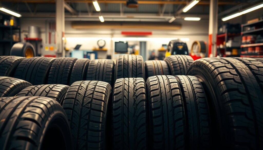 A collection of various car tires prominently displayed in the foreground, ranging from high-performance summer tires to rugged all-terrain options. The tires are arranged in a visually appealing manner, showcasing their unique tread patterns and sidewall designs. The middle ground features a well-lit automotive workshop setting, with tools and equipment visible in the background, conveying a sense of professionalism and attention to detail. The lighting is warm and soft, creating a welcoming and inviting atmosphere that highlights the quality and diversity of the tires on offer. The overall composition emphasizes the importance of tire selection for optimal vehicle performance and safety, reflecting the article's focus on mobile tire repair services in Kuwait. A collection of various car tires prominently displayed in the foreground, ranging from high-performance summer tires to rugged all-terrain options. The tires are arranged in a visually appealing manner, showcasing their unique tread patterns and sidewall designs. The middle ground features a well-lit automotive workshop setting, with tools and equipment visible in the background, conveying a sense of professionalism and attention to detail. The lighting is warm and soft, creating a welcoming and inviting atmosphere that highlights the quality and diversity of the tires on offer. The overall composition emphasizes the importance of tire selection for optimal vehicle performance and safety, reflecting the article's focus on mobile tire repair services in Kuwait.