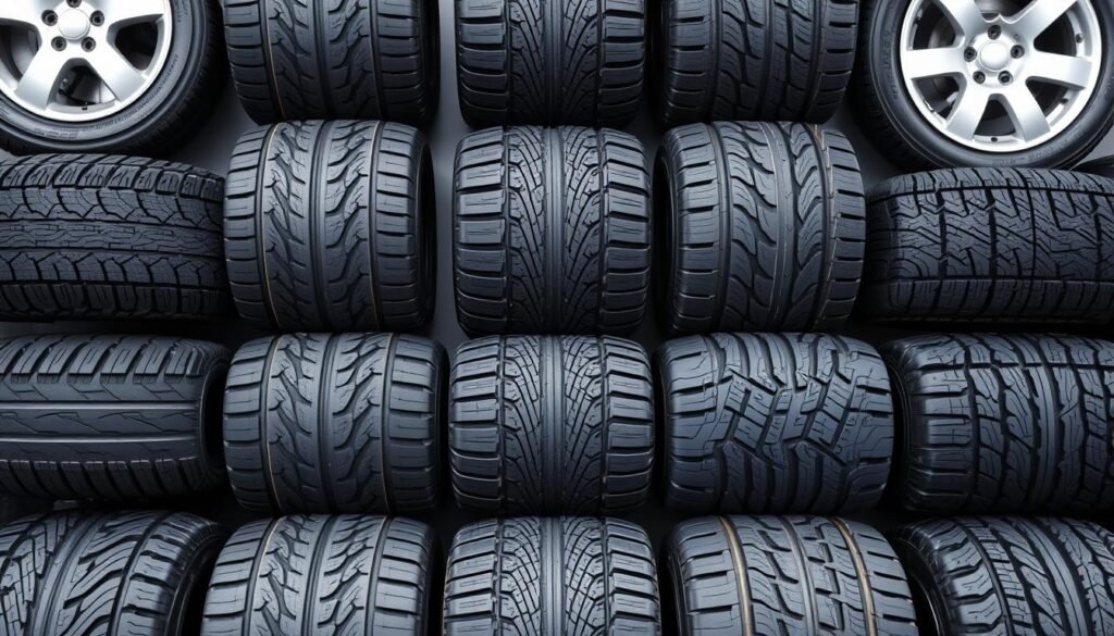 A detailed close-up of various tire types and sizes, including high-performance summer tires, all-season radials, and rugged off-road tires. The tires are arranged in a visually appealing grid pattern, showcasing their unique tread designs, sidewall profiles, and rim sizes. The lighting is soft and even, highlighting the textures and materials of the tires. The background is a simple, neutral color that allows the tires to be the focal point of the image. The overall composition creates a sense of order and organization, reflecting the professional and reliable nature of the mobile tire service. A detailed close-up of various tire types and sizes, including high-performance summer tires, all-season radials, and rugged off-road tires. The tires are arranged in a visually appealing grid pattern, showcasing their unique tread designs, sidewall profiles, and rim sizes. The lighting is soft and even, highlighting the textures and materials of the tires. The background is a simple, neutral color that allows the tires to be the focal point of the image. The overall composition creates a sense of order and organization, reflecting the professional and reliable nature of the mobile tire service.