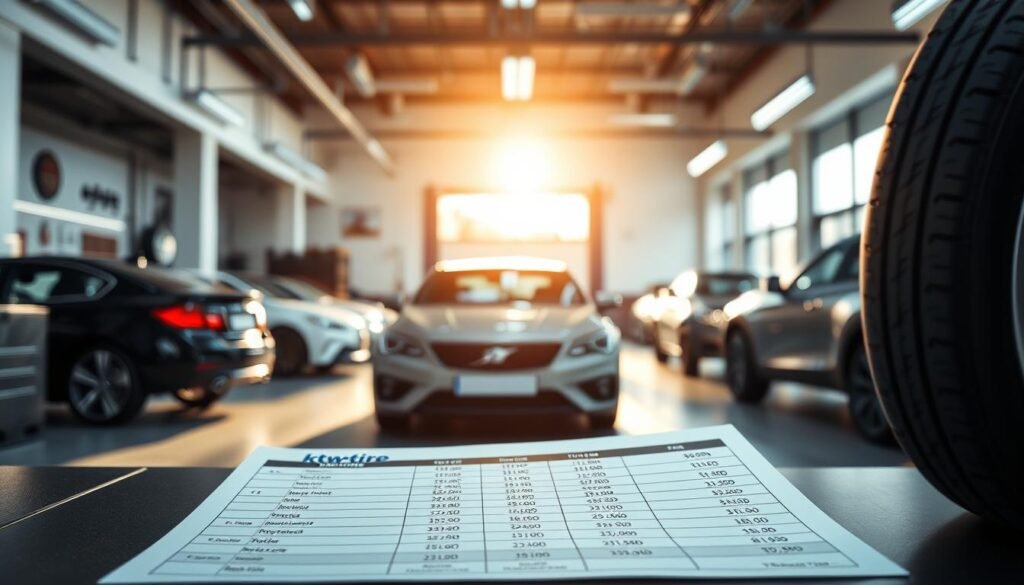A detailed, high-resolution image showcasing the "kw-tyre" mobile tire service price list for various vehicle types. The scene depicts a well-lit, contemporary garage interior with clean, modern design elements. In the foreground, a neatly organized price chart on a desk or table displays the rates for tire replacement and related services. The middle ground features the silhouettes of several cars in the background, hinting at the diverse clientele served. The overall mood is professional, informative, and visually appealing, conveying the reliability and convenience of the "kw-tyre" mobile tire services. A detailed, high-resolution image showcasing the "kw-tyre" mobile tire service price list for various vehicle types. The scene depicts a well-lit, contemporary garage interior with clean, modern design elements. In the foreground, a neatly organized price chart on a desk or table displays the rates for tire replacement and related services. The middle ground features the silhouettes of several cars in the background, hinting at the diverse clientele served. The overall mood is professional, informative, and visually appealing, conveying the reliability and convenience of the "kw-tyre" mobile tire services.