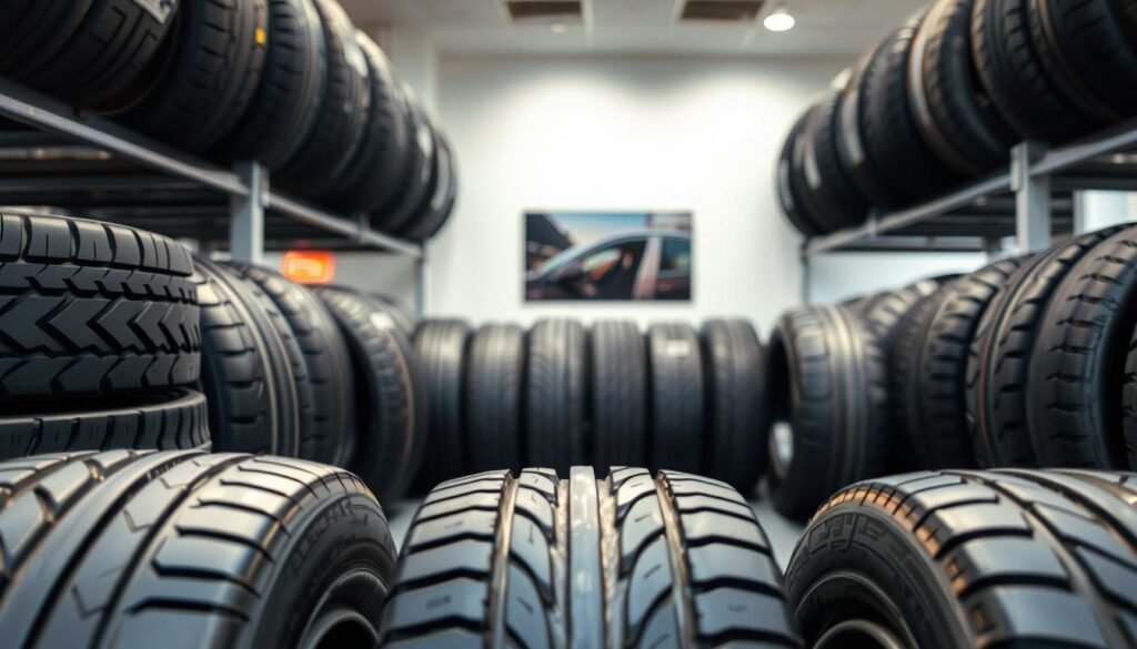 A diverse selection of high-quality car tires neatly arranged in a well-lit showroom setting. The tires feature various tread patterns, sizes, and brands, showcasing the variety of options available for Kuwaiti drivers. The foreground highlights the intricate details and textures of the tires, while the middle ground presents them in an organized, visually appealing display. The background subtly blends into a clean, neutral environment, allowing the tires to take center stage and emphasize their importance in ensuring a safe and comfortable driving experience. A diverse selection of high-quality car tires neatly arranged in a well-lit showroom setting. The tires feature various tread patterns, sizes, and brands, showcasing the variety of options available for Kuwaiti drivers. The foreground highlights the intricate details and textures of the tires, while the middle ground presents them in an organized, visually appealing display. The background subtly blends into a clean, neutral environment, allowing the tires to take center stage and emphasize their importance in ensuring a safe and comfortable driving experience.