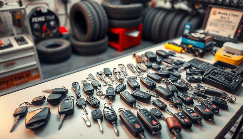 A high-angle shot of a well-equipped automotive locksmith workshop, showcasing a diverse array of car keys and key fobs on a clean, organized workbench. Soft, warm lighting illuminates the scene, creating a sense of professionalism and expertise. In the background, a range of tire services are visible, reflecting the comprehensive nature of the mobile repair services offered. The overall atmosphere conveys the reliable and convenient roadside assistance provided to customers in Kuwait. A high-angle shot of a well-equipped automotive locksmith workshop, showcasing a diverse array of car keys and key fobs on a clean, organized workbench. Soft, warm lighting illuminates the scene, creating a sense of professionalism and expertise. In the background, a range of tire services are visible, reflecting the comprehensive nature of the mobile repair services offered. The overall atmosphere conveys the reliable and convenient roadside assistance provided to customers in Kuwait.