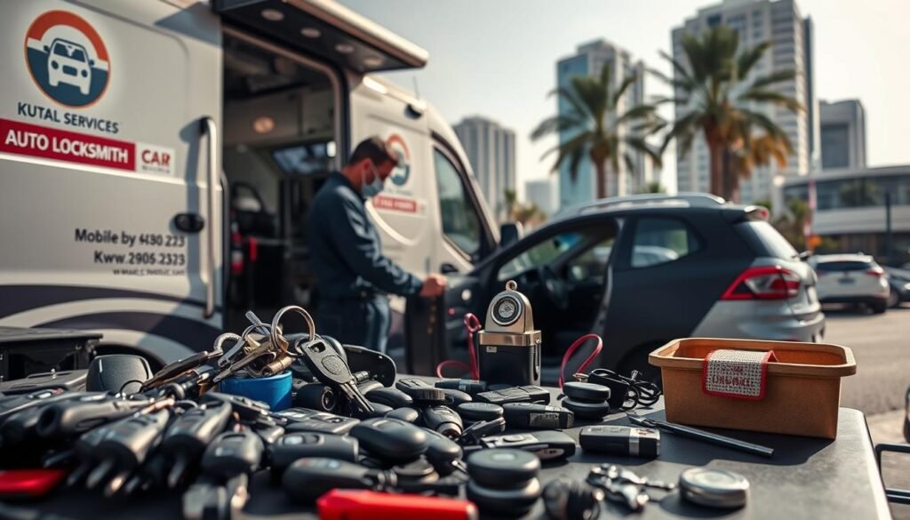 A high-quality image of auto locksmith services in Kuwait. Show a well-equipped mobile workshop with a skilled technician servicing a car. Include various car keys, tools, and equipment in the foreground. The middle ground should depict the exterior of the mobile unit, with branding and signage visible. In the background, showcase the urban Kuwaiti cityscape, with palm trees and modern buildings. Lighting should be natural, with soft shadows and highlights accentuating the detailed scene. The overall atmosphere should convey professionalism, efficiency, and the convenient accessibility of mobile car key services in Kuwait. A high-quality image of auto locksmith services in Kuwait. Show a well-equipped mobile workshop with a skilled technician servicing a car. Include various car keys, tools, and equipment in the foreground. The middle ground should depict the exterior of the mobile unit, with branding and signage visible. In the background, showcase the urban Kuwaiti cityscape, with palm trees and modern buildings. Lighting should be natural, with soft shadows and highlights accentuating the detailed scene. The overall atmosphere should convey professionalism, efficiency, and the convenient accessibility of mobile car key services in Kuwait.