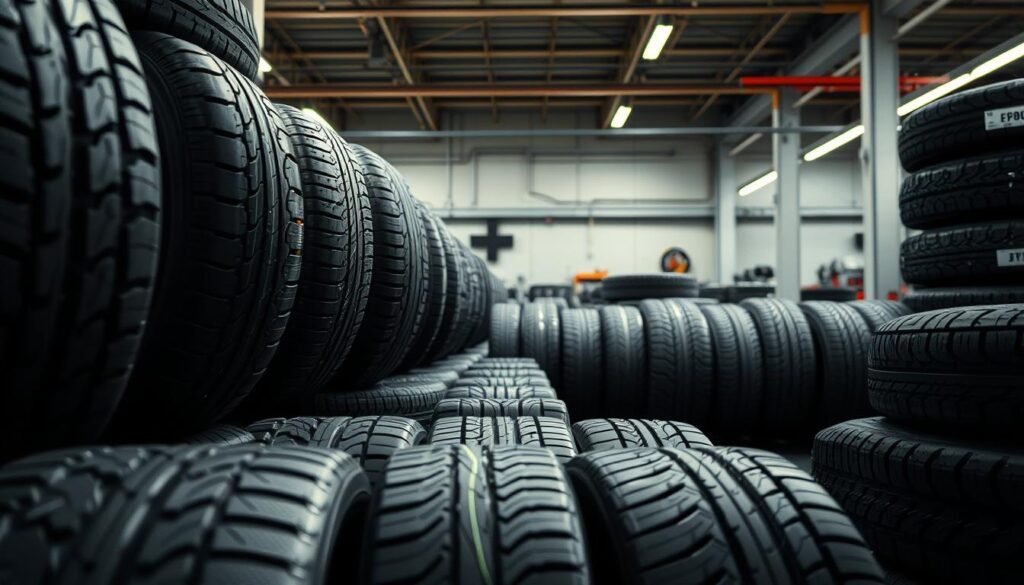 A highly detailed, ultra-realistic image of an assortment of car tires in a well-lit, spacious workshop setting. The tires are prominently displayed, showcasing their intricate tread patterns, sidewall textures, and distinct brand logos. The image captures the diverse range of tire sizes, styles, and models, including both standard and high-performance options. The lighting accentuates the depth and shape of the tires, creating a sense of depth and dimensionality. The overall composition is balanced and visually appealing, with the tires arranged in a visually striking manner that highlights their unique characteristics. A highly detailed, ultra-realistic image of an assortment of car tires in a well-lit, spacious workshop setting. The tires are prominently displayed, showcasing their intricate tread patterns, sidewall textures, and distinct brand logos. The image captures the diverse range of tire sizes, styles, and models, including both standard and high-performance options. The lighting accentuates the depth and shape of the tires, creating a sense of depth and dimensionality. The overall composition is balanced and visually appealing, with the tires arranged in a visually striking manner that highlights their unique characteristics.