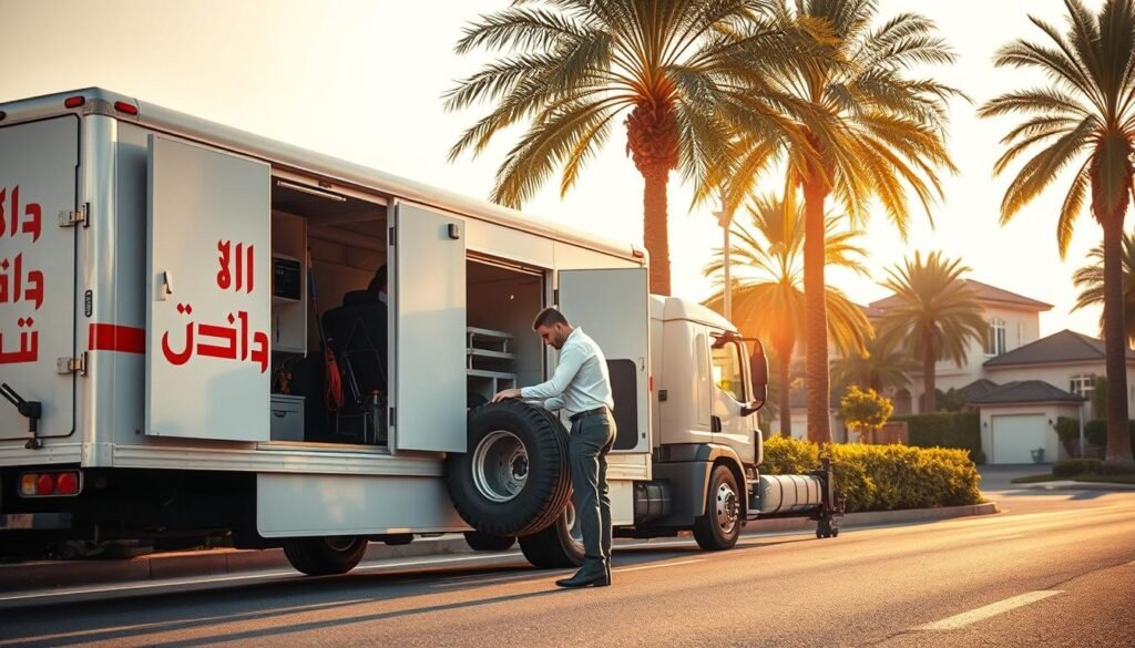 A meticulously detailed, photorealistic image of a mobile tire repair service truck parked on a lush, verdant suburban street in Kuwait. The truck's exterior is a vibrant, gleaming white with bold "مبارك" branding in Arabic calligraphy along the sides. The scene is bathed in warm, golden afternoon sunlight, casting soft shadows and highlights across the scene. In the foreground, a skilled technician in a crisp uniform carefully changes a tire on a customer's vehicle, their focused expression conveying their expertise. The middle ground features the fully equipped service truck, its compartments and tools visible, hinting at the comprehensive capabilities of this mobile repair service. The background depicts a tranquil residential neighborhood, with lush palm trees swaying gently in the breeze, painted in vivid, saturated colors. The overall atmosphere is one of professionalism, efficiency, and customer-centric service. A meticulously detailed, photorealistic image of a mobile tire repair service truck parked on a lush, verdant suburban street in Kuwait. The truck's exterior is a vibrant, gleaming white with bold "مبارك" branding in Arabic calligraphy along the sides. The scene is bathed in warm, golden afternoon sunlight, casting soft shadows and highlights across the scene. In the foreground, a skilled technician in a crisp uniform carefully changes a tire on a customer's vehicle, their focused expression conveying their expertise. The middle ground features the fully equipped service truck, its compartments and tools visible, hinting at the comprehensive capabilities of this mobile repair service. The background depicts a tranquil residential neighborhood, with lush palm trees swaying gently in the breeze, painted in vivid, saturated colors. The overall atmosphere is one of professionalism, efficiency, and customer-centric service.