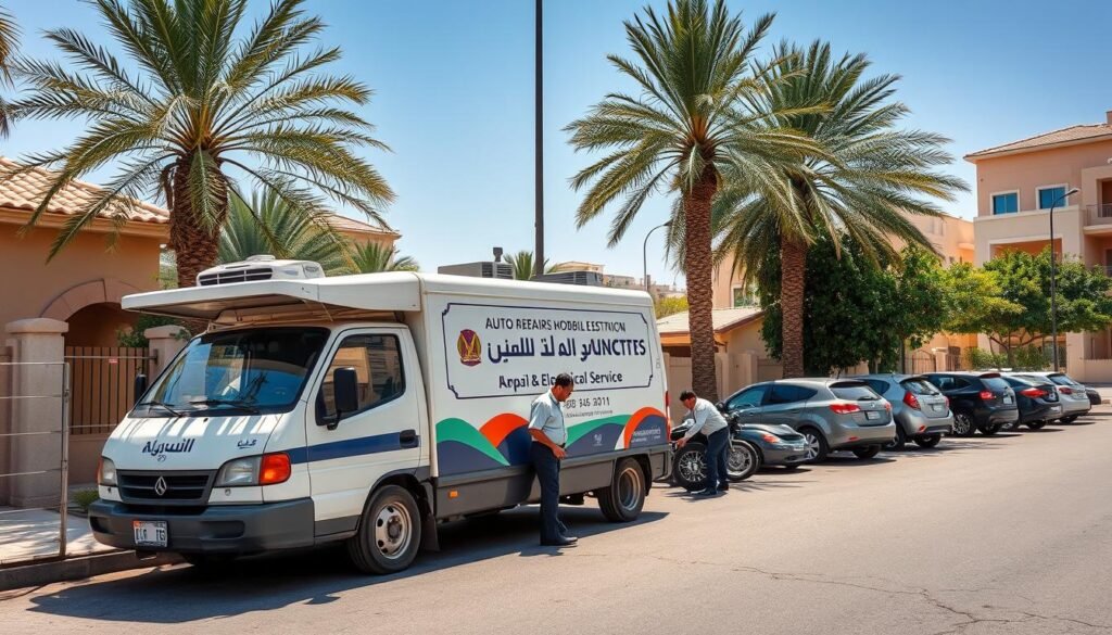 A mobile auto repair and electrical service station situated in the heart of Al-Ahmadi, Kuwait. The scene depicts a well-equipped van with a large sign displaying the service name in both Arabic and English. The van is parked on a sun-dappled street, surrounded by lush palm trees and quaint residential buildings. Mechanics in uniforms are visible, tending to various vehicles parked nearby, showcasing their expertise in tire changes and other automotive repairs. The overall atmosphere conveys a sense of reliability, convenience, and community-focused service. A mobile auto repair and electrical service station situated in the heart of Al-Ahmadi, Kuwait. The scene depicts a well-equipped van with a large sign displaying the service name in both Arabic and English. The van is parked on a sun-dappled street, surrounded by lush palm trees and quaint residential buildings. Mechanics in uniforms are visible, tending to various vehicles parked nearby, showcasing their expertise in tire changes and other automotive repairs. The overall atmosphere conveys a sense of reliability, convenience, and community-focused service.