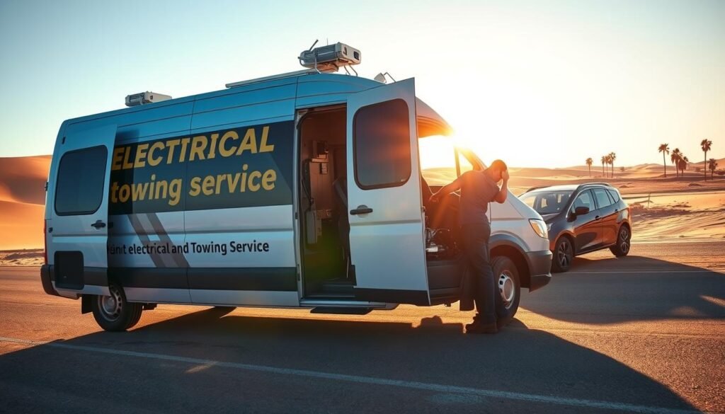 A mobile auto repair and electrical service van parked on a desert road, with a mechanic working on a car's engine under the hood. The van's exterior features prominent "Electrical and Towing Service" branding and signage. Warm desert sunlight bathes the scene, casting long shadows. The van's side door is open, revealing tools and equipment inside. In the background, a vast sandy landscape stretches out, with a few palm trees swaying gently in the breeze. The overall mood is one of efficient, on-the-go automotive repair and maintenance services provided directly to customers in their time of need. A mobile auto repair and electrical service van parked on a desert road, with a mechanic working on a car's engine under the hood. The van's exterior features prominent "Electrical and Towing Service" branding and signage. Warm desert sunlight bathes the scene, casting long shadows. The van's side door is open, revealing tools and equipment inside. In the background, a vast sandy landscape stretches out, with a few palm trees swaying gently in the breeze. The overall mood is one of efficient, on-the-go automotive repair and maintenance services provided directly to customers in their time of need.