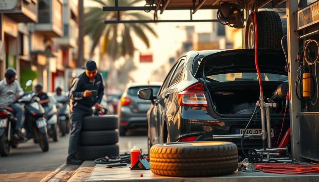 A mobile auto repair garage operating in the bustling streets of Kuwait, providing on-site tire services and comprehensive vehicle maintenance. The scene depicts a well-equipped technician working diligently on a car, surrounded by the vibrant atmosphere of the local neighborhood. The warm, natural lighting casts a soft glow, highlighting the meticulously organized tools and equipment. In the background, a sense of movement and activity reflects the dynamic nature of this mobile service, catering to the needs of Kuwait's drivers. The composition emphasizes the convenience and accessibility of this mobile garage, capturing the essence of "بنشر متنقل الكويت" - the reliable and versatile automotive repair solution. A mobile auto repair garage operating in the bustling streets of Kuwait, providing on-site tire services and comprehensive vehicle maintenance. The scene depicts a well-equipped technician working diligently on a car, surrounded by the vibrant atmosphere of the local neighborhood. The warm, natural lighting casts a soft glow, highlighting the meticulously organized tools and equipment. In the background, a sense of movement and activity reflects the dynamic nature of this mobile service, catering to the needs of Kuwait's drivers. The composition emphasizes the convenience and accessibility of this mobile garage, capturing the essence of "بنشر متنقل الكويت" - the reliable and versatile automotive repair solution.