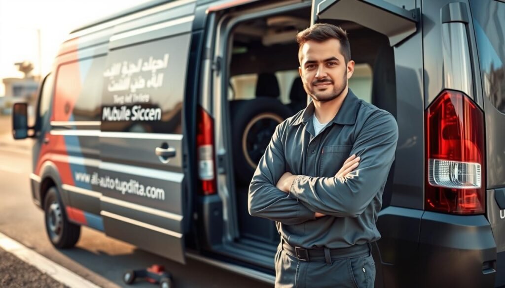 A mobile auto repair service in Kuwait, a skilled mechanic stands beside a well-equipped van, ready to swiftly and expertly fix flat tires on the roadside. The van's exterior showcases a sleek, modern design with the company's branding prominently displayed. The scene is captured in a warm, natural lighting, creating a sense of professionalism and reliability. The mechanic, wearing a neatly pressed uniform, exudes a confident, approachable demeanor, ready to provide exceptional tire repair and maintenance services to the people of Kuwait, no matter their location. A mobile auto repair service in Kuwait, a skilled mechanic stands beside a well-equipped van, ready to swiftly and expertly fix flat tires on the roadside. The van's exterior showcases a sleek, modern design with the company's branding prominently displayed. The scene is captured in a warm, natural lighting, creating a sense of professionalism and reliability. The mechanic, wearing a neatly pressed uniform, exudes a confident, approachable demeanor, ready to provide exceptional tire repair and maintenance services to the people of Kuwait, no matter their location.