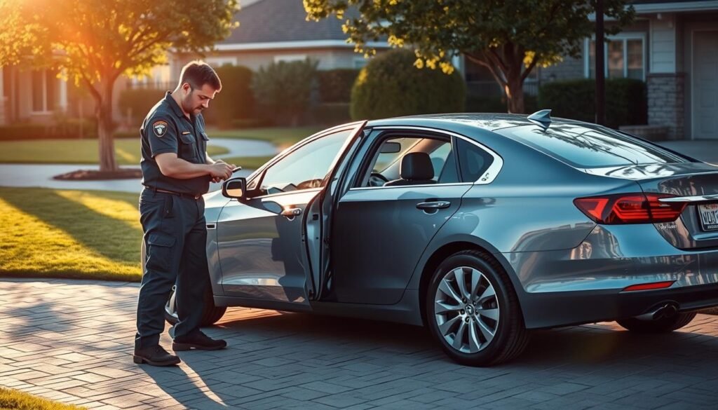 A mobile auto repair service technician standing next to a sedan, examining the car's battery in a well-lit, residential neighborhood setting. The technician is wearing a uniform and using professional tools to inspect and replace the battery. The car is parked on a paved driveway, with a neatly trimmed lawn and trees visible in the background. Warm, natural lighting casts subtle shadows, creating a sense of depth and atmosphere. The scene conveys a sense of convenience, reliability, and professionalism in the on-site car battery replacement service. A mobile auto repair service technician standing next to a sedan, examining the car's battery in a well-lit, residential neighborhood setting. The technician is wearing a uniform and using professional tools to inspect and replace the battery. The car is parked on a paved driveway, with a neatly trimmed lawn and trees visible in the background. Warm, natural lighting casts subtle shadows, creating a sense of depth and atmosphere. The scene conveys a sense of convenience, reliability, and professionalism in the on-site car battery replacement service.