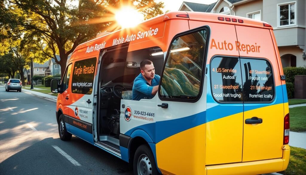 A mobile auto repair service van parked on a residential street, its operator working diligently under the hood of a car. The van is painted in a bright, eye-catching color scheme with clear signage indicating the services offered. The technician, dressed in a clean uniform, is surrounded by an array of specialized tools and equipment, ready to address any mechanical issues. Warm sunlight filters through the trees, casting a soft glow over the scene, creating a sense of efficiency and customer-focused professionalism. The neighborhood buildings in the background suggest the van's accessibility and convenience for residents in the area. A mobile auto repair service van parked on a residential street, its operator working diligently under the hood of a car. The van is painted in a bright, eye-catching color scheme with clear signage indicating the services offered. The technician, dressed in a clean uniform, is surrounded by an array of specialized tools and equipment, ready to address any mechanical issues. Warm sunlight filters through the trees, casting a soft glow over the scene, creating a sense of efficiency and customer-focused professionalism. The neighborhood buildings in the background suggest the van's accessibility and convenience for residents in the area.