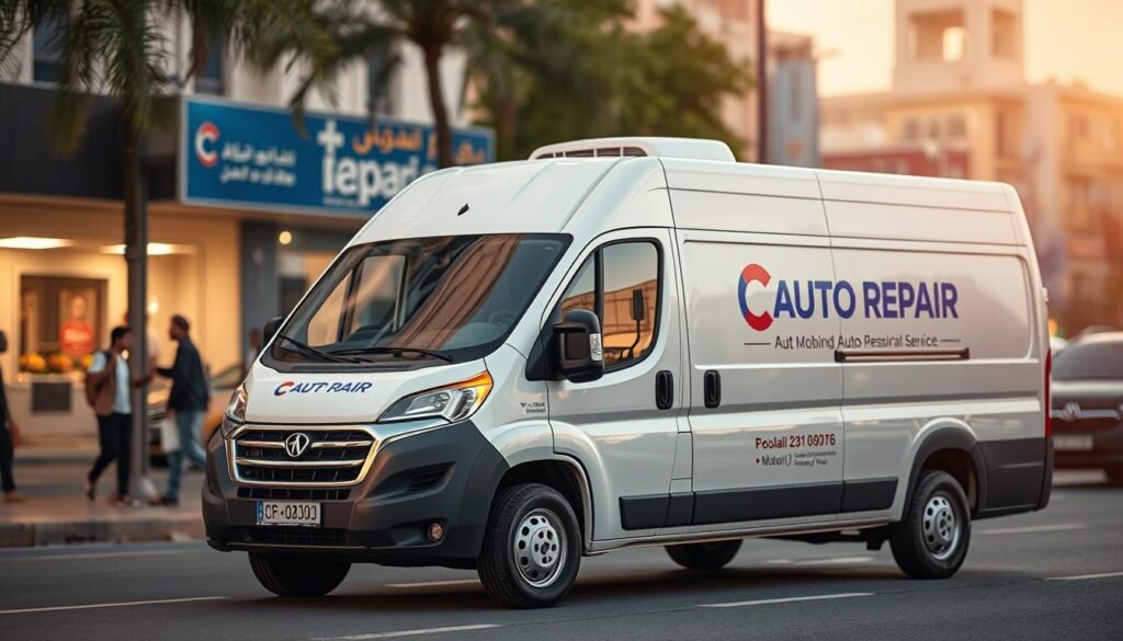 A mobile auto repair service van parked on a street in the Jahra district of Kuwait. The van is prominently displayed in the center of the frame, with its logo and branding visible. The van is surrounded by a bustling urban background, with pedestrians, other vehicles, and buildings in the distance. The lighting is soft and warm, creating a cozy, inviting atmosphere. The van is captured at an angle, allowing the viewer to see its side profile and create a sense of depth and perspective. The overall composition emphasizes the van's role as a mobile service provider, ready to assist customers in their local area. A mobile auto repair service van parked on a street in the Jahra district of Kuwait. The van is prominently displayed in the center of the frame, with its logo and branding visible. The van is surrounded by a bustling urban background, with pedestrians, other vehicles, and buildings in the distance. The lighting is soft and warm, creating a cozy, inviting atmosphere. The van is captured at an angle, allowing the viewer to see its side profile and create a sense of depth and perspective. The overall composition emphasizes the van's role as a mobile service provider, ready to assist customers in their local area.