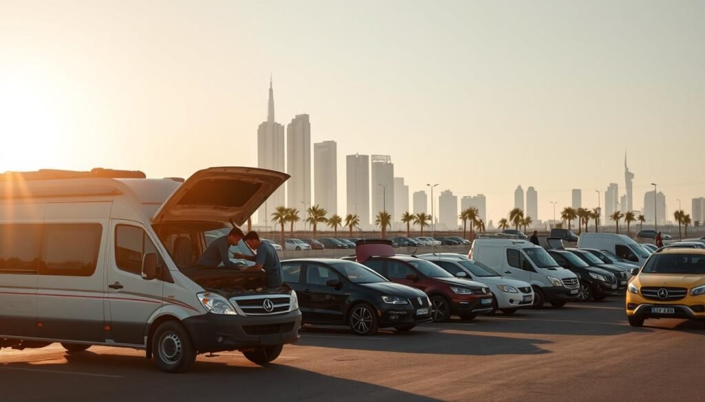 A mobile auto repair station set against the backdrop of the Kuwaiti cityscape. In the foreground, a well-equipped van with a raised hood, mechanics diligently working on a vehicle. Middle ground showcases various cars and trucks lined up, awaiting service. The scene is illuminated by a warm, golden light, casting long shadows and creating a sense of hustle and bustle. In the background, the silhouettes of high-rise buildings and palm trees dot the horizon, emphasizing the urban setting. The composition conveys the convenience and reliability of the mobile garage service, catering to the automotive needs of the local community. A mobile auto repair station set against the backdrop of the Kuwaiti cityscape. In the foreground, a well-equipped van with a raised hood, mechanics diligently working on a vehicle. Middle ground showcases various cars and trucks lined up, awaiting service. The scene is illuminated by a warm, golden light, casting long shadows and creating a sense of hustle and bustle. In the background, the silhouettes of high-rise buildings and palm trees dot the horizon, emphasizing the urban setting. The composition conveys the convenience and reliability of the mobile garage service, catering to the automotive needs of the local community.