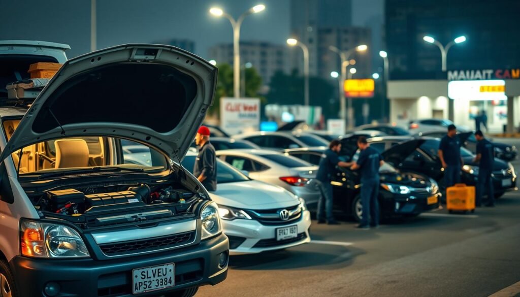 A mobile auto repair workshop on the streets of Kuwait, its technicians diligently tending to a variety of vehicles. In the foreground, a well-equipped service van with its hood open, showcasing the tools and equipment used to diagnose and fix on-the-spot issues. The middle ground depicts a cluster of cars, each receiving attentive care from the skilled mechanics. In the background, the familiar urban landscape of Kuwait provides a contextual backdrop, hinting at the convenience and accessibility of this mobile service. Soft, warm lighting illuminates the scene, creating a sense of professionalism and reliability. The overall atmosphere conveys the expertise and responsiveness of this mobile auto repair service, ready to assist drivers wherever they may be in the city. A mobile auto repair workshop on the streets of Kuwait, its technicians diligently tending to a variety of vehicles. In the foreground, a well-equipped service van with its hood open, showcasing the tools and equipment used to diagnose and fix on-the-spot issues. The middle ground depicts a cluster of cars, each receiving attentive care from the skilled mechanics. In the background, the familiar urban landscape of Kuwait provides a contextual backdrop, hinting at the convenience and accessibility of this mobile service. Soft, warm lighting illuminates the scene, creating a sense of professionalism and reliability. The overall atmosphere conveys the expertise and responsiveness of this mobile auto repair service, ready to assist drivers wherever they may be in the city.
