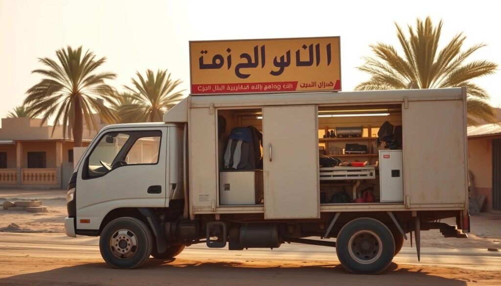 A mobile mechanic truck in the Jahra area of Kuwait, its signage prominently displaying "بنشر متنقل الجهراء". The truck is parked on a dusty road, surrounded by palm trees and modest buildings in the background. The scene is bathed in warm, golden light, conveying a sense of reliability and community service. The truck's interior is visible, showcasing various tools and equipment used to provide on-site automotive repair and maintenance. The overall composition highlights the convenience and accessibility of this mobile mechanic service, catering to the needs of the local Kuwaiti neighborhood. A mobile mechanic truck in the Jahra area of Kuwait, its signage prominently displaying "بنشر متنقل الجهراء". The truck is parked on a dusty road, surrounded by palm trees and modest buildings in the background. The scene is bathed in warm, golden light, conveying a sense of reliability and community service. The truck's interior is visible, showcasing various tools and equipment used to provide on-site automotive repair and maintenance. The overall composition highlights the convenience and accessibility of this mobile mechanic service, catering to the needs of the local Kuwaiti neighborhood.