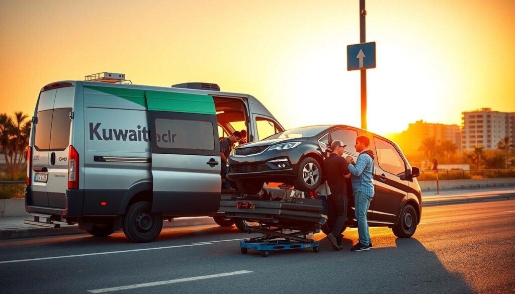 A mobile mechanic workshop nestled on the roadside, its van adorned with the Kuwaiti flag. Skilled technicians swiftly diagnose and repair vehicles, their nimble hands wielding tools with precision. The scene is bathed in warm, golden light, casting a sense of reliability and expertise. In the foreground, a customer's car sits elevated, its tires being replaced with care. The middle ground showcases the van's side, emblazoned with the service's name, conveying the mobile nature of this emergency repair solution. The background features a tranquil, urban landscape, emphasizing the accessibility of this on-the-go repair service. The overall atmosphere exudes professionalism, efficiency, and the reliable care customers can expect from this mobile Kuwaiti mechanic. A mobile mechanic workshop nestled on the roadside, its van adorned with the Kuwaiti flag. Skilled technicians swiftly diagnose and repair vehicles, their nimble hands wielding tools with precision. The scene is bathed in warm, golden light, casting a sense of reliability and expertise. In the foreground, a customer's car sits elevated, its tires being replaced with care. The middle ground showcases the van's side, emblazoned with the service's name, conveying the mobile nature of this emergency repair solution. The background features a tranquil, urban landscape, emphasizing the accessibility of this on-the-go repair service. The overall atmosphere exudes professionalism, efficiency, and the reliable care customers can expect from this mobile Kuwaiti mechanic.