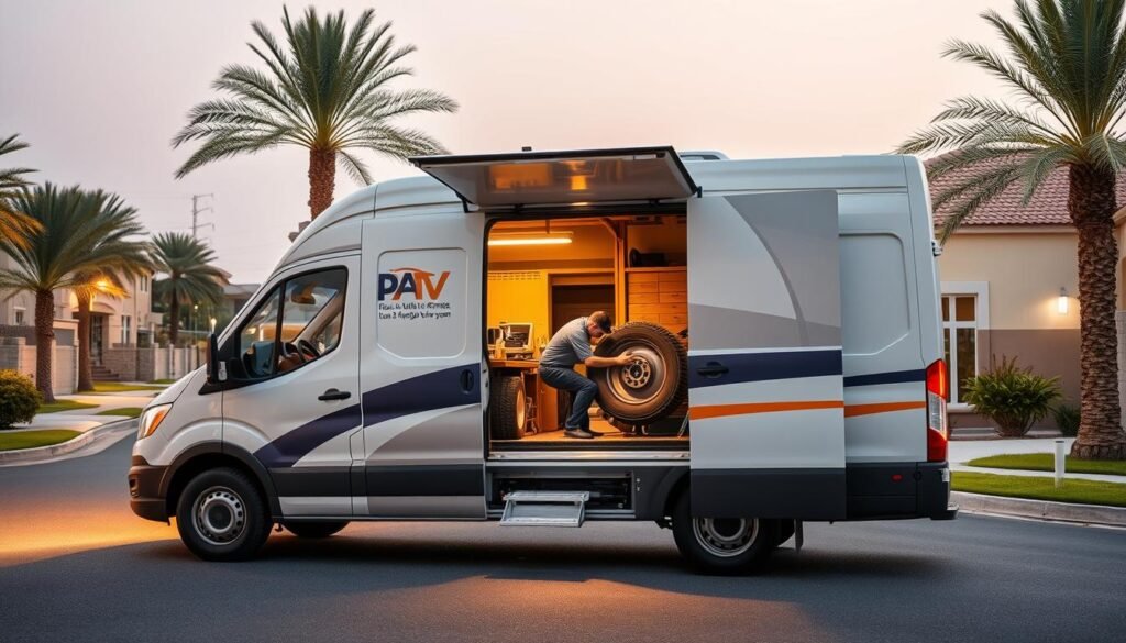 A mobile tire repair service in Farwaniya, Kuwait. A large van with the company's logo parked on a quiet residential street, surrounded by palm trees and modest middle-class homes. The van's side panel opens to reveal a well-equipped workshop, with technicians in uniform diligently repairing a flat tire on a customer's car. Soft warm lighting illuminates the scene, creating a sense of reliability and professionalism. The van's design is modern and sleek, conveying a sense of efficiency and 24/7 availability. The overall atmosphere is one of a trusted, convenient service that caters to the community's automotive needs day or night. A mobile tire repair service in Farwaniya, Kuwait. A large van with the company's logo parked on a quiet residential street, surrounded by palm trees and modest middle-class homes. The van's side panel opens to reveal a well-equipped workshop, with technicians in uniform diligently repairing a flat tire on a customer's car. Soft warm lighting illuminates the scene, creating a sense of reliability and professionalism. The van's design is modern and sleek, conveying a sense of efficiency and 24/7 availability. The overall atmosphere is one of a trusted, convenient service that caters to the community's automotive needs day or night.