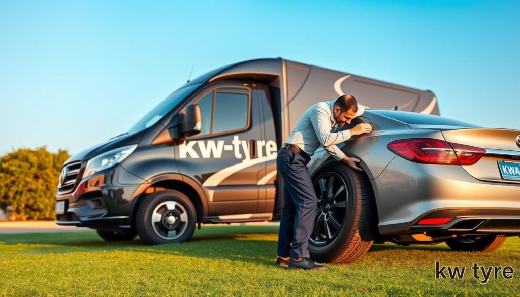 A mobile tire repair service in Kuwait, featuring a modern, sleek truck with the "kw-tyre" brand prominently displayed. The truck is parked on a lush, green lawn, with a clear blue sky in the background. In the foreground, a mechanic in a crisp, professional uniform is changing a tire on a sedan, showcasing the efficient and convenient on-site service. The lighting is warm and natural, creating a welcoming and trustworthy atmosphere. The scene highlights the mobility and accessibility of the "kw-tyre" mobile tire repair service, catering to the needs of customers in the comfort of their own surroundings. A mobile tire repair service in Kuwait, featuring a modern, sleek truck with the "kw-tyre" brand prominently displayed. The truck is parked on a lush, green lawn, with a clear blue sky in the background. In the foreground, a mechanic in a crisp, professional uniform is changing a tire on a sedan, showcasing the efficient and convenient on-site service. The lighting is warm and natural, creating a welcoming and trustworthy atmosphere. The scene highlights the mobility and accessibility of the "kw-tyre" mobile tire repair service, catering to the needs of customers in the comfort of their own surroundings.