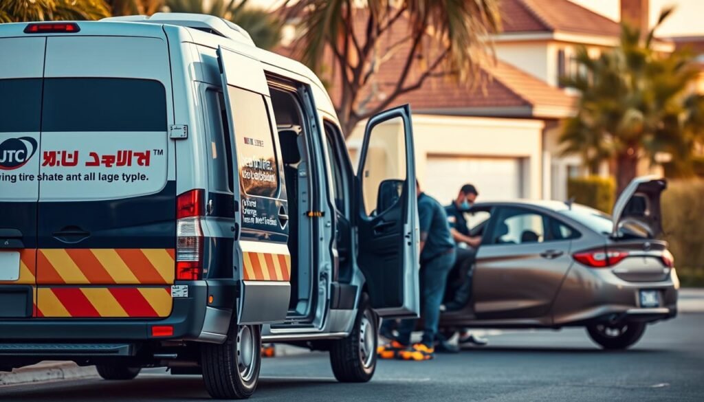 A mobile tire repair service in Kuwait, offering on-site tire change and maintenance for all vehicle types. A van emblazoned with the company's logo stands prominently in the foreground, its doors open to reveal a well-stocked interior. In the middle ground, a customer's car is being attended to by a uniformed technician, tools and equipment visible. The background depicts a residential neighborhood or urban setting, conveying the service's accessibility and convenience. Warm, natural lighting casts a inviting glow, and the overall composition suggests professionalism, efficiency and reliable roadside assistance. A mobile tire repair service in Kuwait, offering on-site tire change and maintenance for all vehicle types. A van emblazoned with the company's logo stands prominently in the foreground, its doors open to reveal a well-stocked interior. In the middle ground, a customer's car is being attended to by a uniformed technician, tools and equipment visible. The background depicts a residential neighborhood or urban setting, conveying the service's accessibility and convenience. Warm, natural lighting casts a inviting glow, and the overall composition suggests professionalism, efficiency and reliable roadside assistance.