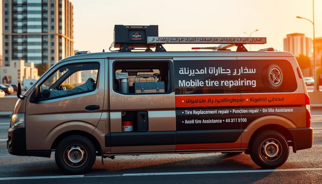 A mobile tire repair service in Kuwait, showcasing a well-equipped van with various tools and equipment. The van is parked on a city street, with a clear view of the surrounding urban landscape. Warm, golden lighting illuminates the scene, creating a welcoming and reliable atmosphere. The van's exterior features the company's branding and signage, prominently displaying the services offered, such as tire replacement, puncture repair, and on-site assistance. The image should convey the convenience and professionalism of the mobile tire repair service, ready to cater to the needs of Kuwait's drivers. A mobile tire repair service in Kuwait, showcasing a well-equipped van with various tools and equipment. The van is parked on a city street, with a clear view of the surrounding urban landscape. Warm, golden lighting illuminates the scene, creating a welcoming and reliable atmosphere. The van's exterior features the company's branding and signage, prominently displaying the services offered, such as tire replacement, puncture repair, and on-site assistance. The image should convey the convenience and professionalism of the mobile tire repair service, ready to cater to the needs of Kuwait's drivers.