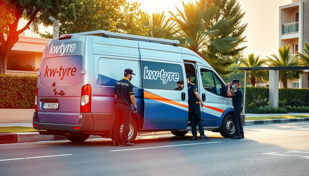 A mobile tire repair service in Mubarak Al-Kabeer, providing on-site tire changes and roadside assistance. The scene depicts a well-equipped van with the "kw-tyre" logo parked on a residential street, surrounded by lush greenery and modern buildings. Skilled technicians in uniform uniforms are visible, servicing a customer's vehicle with care and efficiency. Warm sunlight filters through the scene, creating a welcoming and professional atmosphere. The image conveys the convenience and reliability of this mobile tire repair service, catering to the needs of the Mubarak Al-Kabeer community. A mobile tire repair service in Mubarak Al-Kabeer, providing on-site tire changes and roadside assistance. The scene depicts a well-equipped van with the "kw-tyre" logo parked on a residential street, surrounded by lush greenery and modern buildings. Skilled technicians in uniform uniforms are visible, servicing a customer's vehicle with care and efficiency. Warm sunlight filters through the scene, creating a welcoming and professional atmosphere. The image conveys the convenience and reliability of this mobile tire repair service, catering to the needs of the Mubarak Al-Kabeer community.