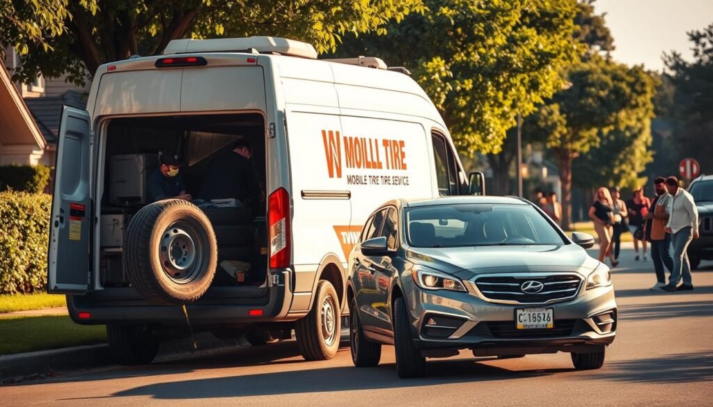 A mobile tire repair service operating on the side of the road, with a well-equipped van and a team of skilled technicians. The scene features a car pulled over, its owner watching as the technicians efficiently repair a flat tire. The van's exterior is clean and prominently displays the company's logo and branding. The lighting is natural, with a warm golden glow casting a welcoming atmosphere. The background showcases a suburban street with lush greenery and passersby, conveying a sense of a bustling, residential neighborhood. The overall composition emphasizes the convenience and professionalism of the mobile tire repair service. A mobile tire repair service operating on the side of the road, with a well-equipped van and a team of skilled technicians. The scene features a car pulled over, its owner watching as the technicians efficiently repair a flat tire. The van's exterior is clean and prominently displays the company's logo and branding. The lighting is natural, with a warm golden glow casting a welcoming atmosphere. The background showcases a suburban street with lush greenery and passersby, conveying a sense of a bustling, residential neighborhood. The overall composition emphasizes the convenience and professionalism of the mobile tire repair service.