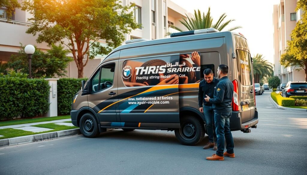 A mobile tire repair service station situated in the Farwaniya district, with a well-equipped van and a team of skilled technicians. The scene depicts the van parked on a residential street, surrounded by lush greenery and modern buildings. The van's side features the company's logo and branding, clearly visible. In the foreground, a person is shown gesturing and conversing with the technicians, likely requesting the mobile service. The lighting is warm and natural, highlighting the service's accessibility and convenience for the local community. A mobile tire repair service station situated in the Farwaniya district, with a well-equipped van and a team of skilled technicians. The scene depicts the van parked on a residential street, surrounded by lush greenery and modern buildings. The van's side features the company's logo and branding, clearly visible. In the foreground, a person is shown gesturing and conversing with the technicians, likely requesting the mobile service. The lighting is warm and natural, highlighting the service's accessibility and convenience for the local community.