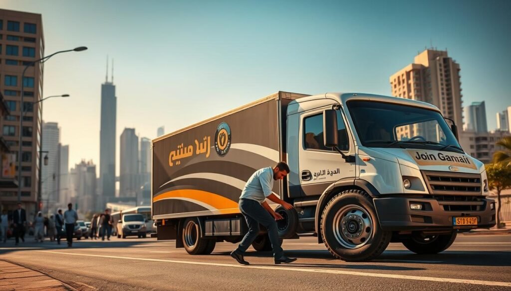 A mobile tire repair service truck parked on a city street, its signage prominently displaying "خدمة بنشر متنقل". The vehicle is bathed in warm afternoon sunlight, casting dynamic shadows across its sleek, modern design. In the foreground, a technician in a crisp uniform is expertly changing a flat tire, their hands deftly working the tools. The middle ground features the bustling urban landscape, with pedestrians and other vehicles moving about. In the background, the skyline of a Kuwaiti city skyline is visible, its skyscrapers and landmarks rising into a clear blue sky. The overall scene conveys a sense of efficiency, professionalism, and the convenient accessibility of this mobile tire repair service. A mobile tire repair service truck parked on a city street, its signage prominently displaying "خدمة بنشر متنقل". The vehicle is bathed in warm afternoon sunlight, casting dynamic shadows across its sleek, modern design. In the foreground, a technician in a crisp uniform is expertly changing a flat tire, their hands deftly working the tools. The middle ground features the bustling urban landscape, with pedestrians and other vehicles moving about. In the background, the skyline of a Kuwaiti city skyline is visible, its skyscrapers and landmarks rising into a clear blue sky. The overall scene conveys a sense of efficiency, professionalism, and the convenient accessibility of this mobile tire repair service.