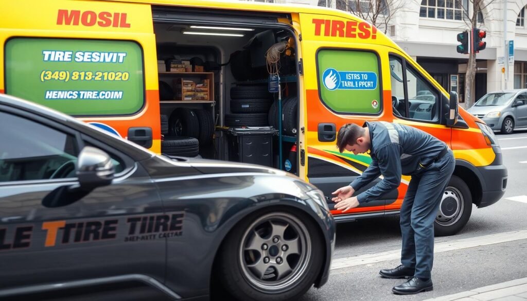 A mobile tire repair service van parked on a city street, its bright colorful branding and signage clearly visible. The van's side door is open, revealing a well-organized interior filled with an array of tires, tools, and equipment. In the foreground, a customer's car is positioned with a flat tire, and a skilled technician in a uniform is bent over, inspecting the tire and preparing to replace it. The scene conveys a sense of professional expertise, convenience, and on-the-spot service, reflecting the importance of having a reliable mobile tire repair option readily available. A mobile tire repair service van parked on a city street, its bright colorful branding and signage clearly visible. The van's side door is open, revealing a well-organized interior filled with an array of tires, tools, and equipment. In the foreground, a customer's car is positioned with a flat tire, and a skilled technician in a uniform is bent over, inspecting the tire and preparing to replace it. The scene conveys a sense of professional expertise, convenience, and on-the-spot service, reflecting the importance of having a reliable mobile tire repair option readily available.