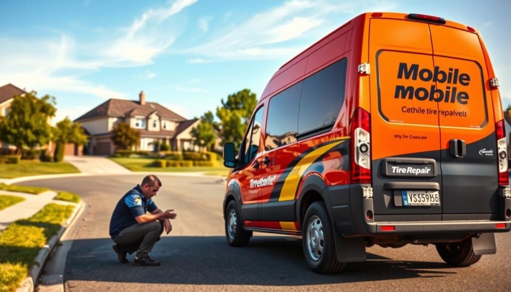A mobile tire repair service van parked on a suburban street, its hazard lights flashing. The van's exterior is painted in a distinctive bright color, with the company's logo prominently displayed. In the foreground, a technician in a branded uniform is kneeling beside a car, inspecting the tire. The middle ground features a well-maintained residential neighborhood with lush greenery, while the background depicts a clear, sunny sky with a few wispy clouds. The lighting is warm and natural, casting long shadows and highlighting the details of the scene. The overall mood is one of efficiency, professionalism, and convenience, reflecting the "mobile tire repair" service being offered. A mobile tire repair service van parked on a suburban street, its hazard lights flashing. The van's exterior is painted in a distinctive bright color, with the company's logo prominently displayed. In the foreground, a technician in a branded uniform is kneeling beside a car, inspecting the tire. The middle ground features a well-maintained residential neighborhood with lush greenery, while the background depicts a clear, sunny sky with a few wispy clouds. The lighting is warm and natural, casting long shadows and highlighting the details of the scene. The overall mood is one of efficiency, professionalism, and convenience, reflecting the "mobile tire repair" service being offered.