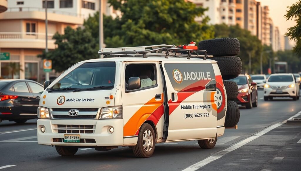 A mobile tire repair service vehicle on a city street in Farwaniya, Kuwait. The van is equipped with tools and spare tires, ready to assist drivers who have flat tires or other car issues. The scene has a warm, inviting atmosphere with soft natural lighting, conveying the convenience and reliability of the mobile tire repair service. The van's design features the service's logo and branding, making it easily recognizable to passing motorists. The background shows the urban landscape of Farwaniya, with buildings, trees, and other vehicles, creating a realistic and contextual setting for the mobile tire repair service. A mobile tire repair service vehicle on a city street in Farwaniya, Kuwait. The van is equipped with tools and spare tires, ready to assist drivers who have flat tires or other car issues. The scene has a warm, inviting atmosphere with soft natural lighting, conveying the convenience and reliability of the mobile tire repair service. The van's design features the service's logo and branding, making it easily recognizable to passing motorists. The background shows the urban landscape of Farwaniya, with buildings, trees, and other vehicles, creating a realistic and contextual setting for the mobile tire repair service.