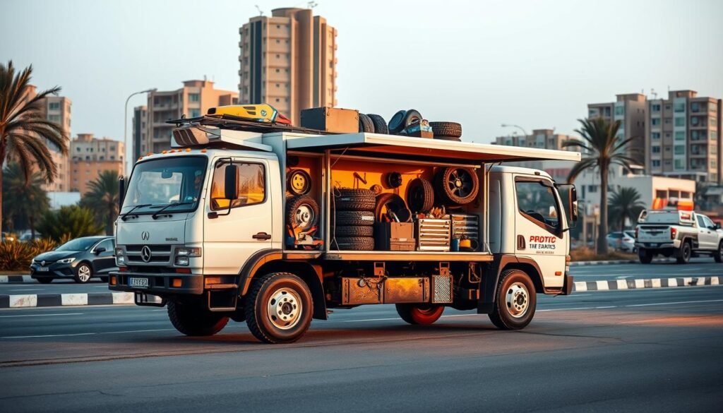A mobile tire repair shop in Al-Jahra, Kuwait. The scene depicts a well-equipped truck with various tools and equipment for on-site tire services. The truck is parked on a paved road, surrounded by a bustling urban landscape with buildings and trees in the background. The lighting is warm and natural, creating a sense of professionalism and reliability. The composition emphasizes the mobile nature of the service, with the truck occupying the foreground and the cityscape providing context. The overall mood conveys a sense of efficiency, practicality, and customer-focused service. A mobile tire repair shop in Al-Jahra, Kuwait. The scene depicts a well-equipped truck with various tools and equipment for on-site tire services. The truck is parked on a paved road, surrounded by a bustling urban landscape with buildings and trees in the background. The lighting is warm and natural, creating a sense of professionalism and reliability. The composition emphasizes the mobile nature of the service, with the truck occupying the foreground and the cityscape providing context. The overall mood conveys a sense of efficiency, practicality, and customer-focused service.