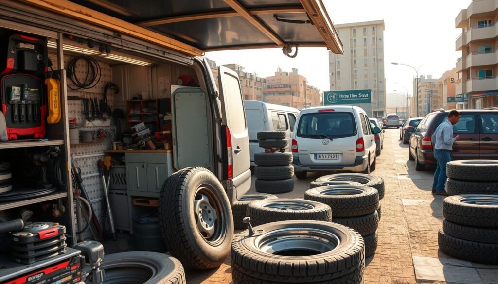 A mobile tire repair shop in Farwaniya, Kuwait. The scene depicts a well-equipped van with its side panel open, revealing a variety of tools and equipment used for tire repair and maintenance. In the foreground, a skilled technician is shown working on a car tire, surrounded by piles of tires and spare parts. The middle ground features other customers' vehicles waiting to be serviced, with the technician's van prominently displayed. The background showcases the bustling Farwaniya neighborhood, with residential and commercial buildings visible. The lighting is natural, with the sun casting warm tones across the scene, conveying a sense of efficient and reliable service. The overall mood is one of a hardworking, community-focused mobile tire repair shop meeting the needs of the local residents. A mobile tire repair shop in Farwaniya, Kuwait. The scene depicts a well-equipped van with its side panel open, revealing a variety of tools and equipment used for tire repair and maintenance. In the foreground, a skilled technician is shown working on a car tire, surrounded by piles of tires and spare parts. The middle ground features other customers' vehicles waiting to be serviced, with the technician's van prominently displayed. The background showcases the bustling Farwaniya neighborhood, with residential and commercial buildings visible. The lighting is natural, with the sun casting warm tones across the scene, conveying a sense of efficient and reliable service. The overall mood is one of a hardworking, community-focused mobile tire repair shop meeting the needs of the local residents.
