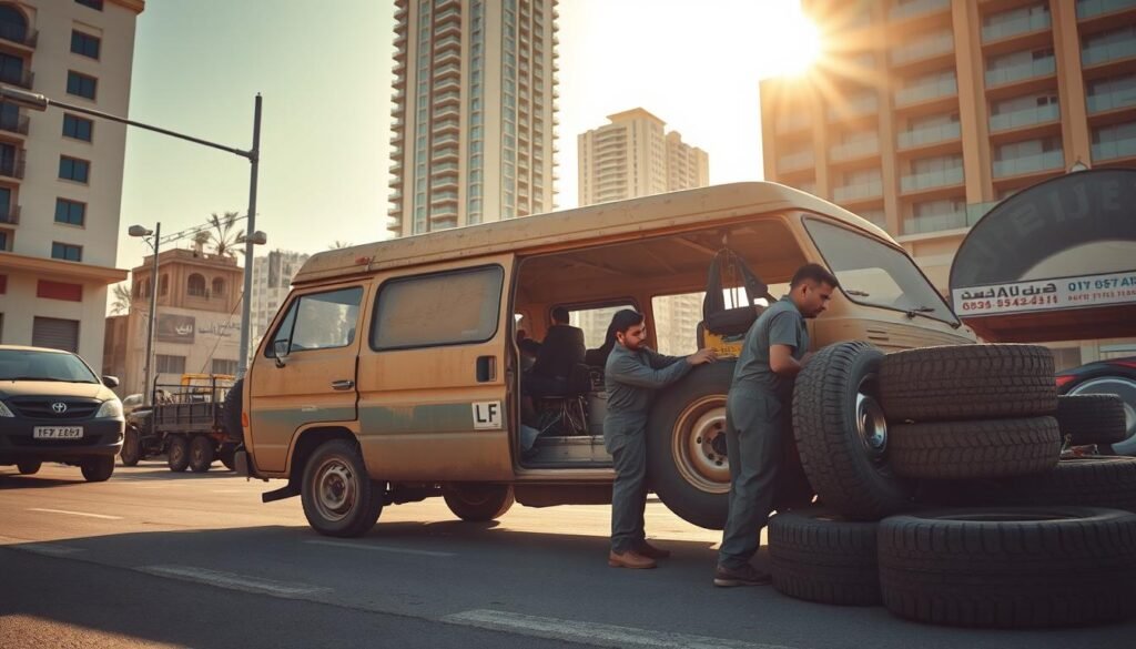 A mobile tire repair shop nestled in the heart of Kuwait, its weathered van casting shadows on the bustling city streets. Skilled mechanics dressed in overalls deftly changing tires, their tools glinting in the warm afternoon sun. Nearby, a modern high-rise towers in the background, juxtaposing the old and new. The scene exudes a sense of practicality and convenience, inviting weary drivers to take advantage of this mobile service. A dynamic, cinematic composition capturing the essence of a reliable, on-the-go tire repair solution. A mobile tire repair shop nestled in the heart of Kuwait, its weathered van casting shadows on the bustling city streets. Skilled mechanics dressed in overalls deftly changing tires, their tools glinting in the warm afternoon sun. Nearby, a modern high-rise towers in the background, juxtaposing the old and new. The scene exudes a sense of practicality and convenience, inviting weary drivers to take advantage of this mobile service. A dynamic, cinematic composition capturing the essence of a reliable, on-the-go tire repair solution.