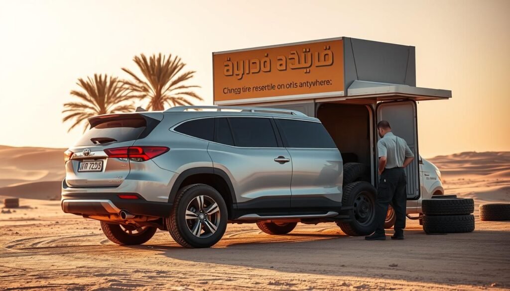 A mobile tire repair shop set against a desert landscape, the "بنشر متنقل الأحمدي" van stands ready to service vehicles. In the foreground, a mid-size SUV is parked, its tires being changed by a skilled technician wearing a uniform. The scene is bathed in warm, golden light, conveying a sense of efficiency and expertise. In the background, palm trees sway gently, hinting at the Kuwaiti setting. The van's branding is prominently displayed, showcasing its capabilities to change tires and provide on-site assistance anywhere in the country. A mobile tire repair shop set against a desert landscape, the "بنشر متنقل الأحمدي" van stands ready to service vehicles. In the foreground, a mid-size SUV is parked, its tires being changed by a skilled technician wearing a uniform. The scene is bathed in warm, golden light, conveying a sense of efficiency and expertise. In the background, palm trees sway gently, hinting at the Kuwaiti setting. The van's branding is prominently displayed, showcasing its capabilities to change tires and provide on-site assistance anywhere in the country.