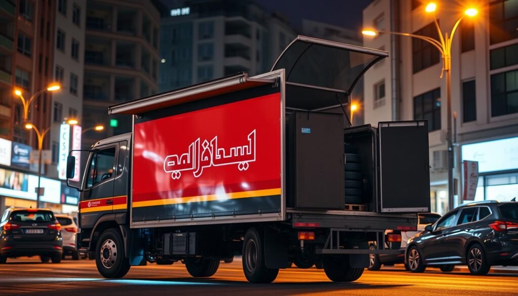 A mobile tire repair truck, prominently displayed in the center of the frame, its exterior emblazoned with the name "الفروانية" in bold, Arabic lettering. The truck is surrounded by a bustling urban landscape, with buildings and streetlamps forming a backdrop. Bright, warm lighting illuminates the scene, creating a sense of energy and activity. The truck's open compartment reveals an array of tools and equipment, hinting at the efficient and convenient service it provides. The overall composition conveys the mobile and accessible nature of this tire repair service, catering to the needs of the local community. A mobile tire repair truck, prominently displayed in the center of the frame, its exterior emblazoned with the name "الفروانية" in bold, Arabic lettering. The truck is surrounded by a bustling urban landscape, with buildings and streetlamps forming a backdrop. Bright, warm lighting illuminates the scene, creating a sense of energy and activity. The truck's open compartment reveals an array of tools and equipment, hinting at the efficient and convenient service it provides. The overall composition conveys the mobile and accessible nature of this tire repair service, catering to the needs of the local community.