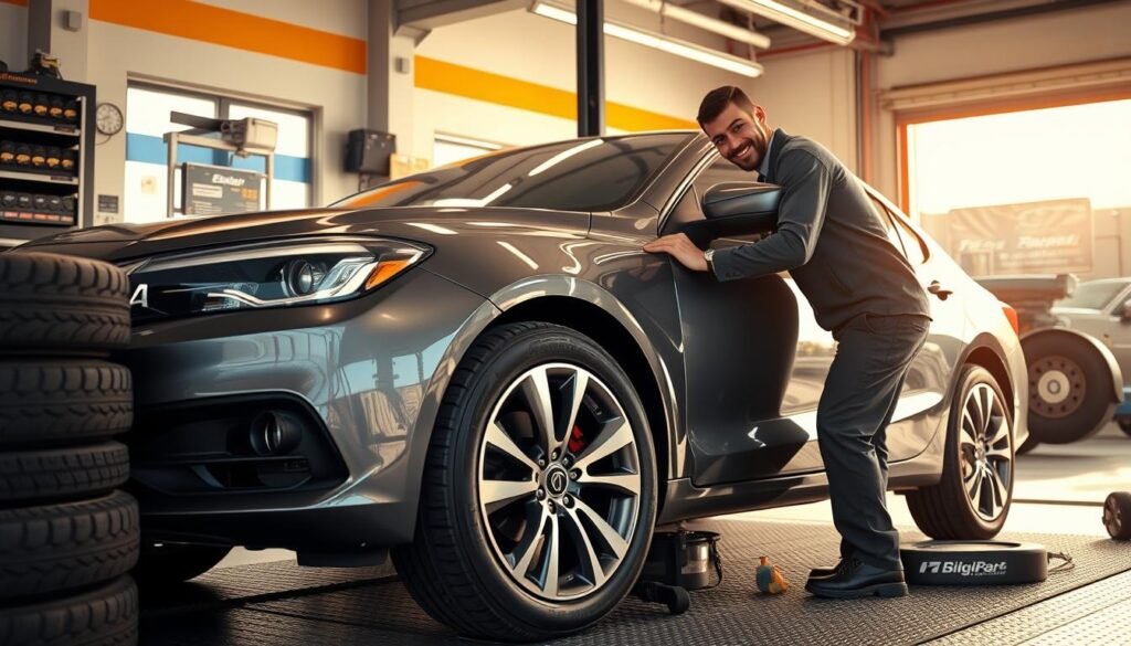 A modern, clean and well-equipped mobile tire repair shop in Kuwait, with a friendly and professional mechanic working diligently to change a car's tire. The scene is bathed in warm, natural lighting, showcasing the sleek and organized tools and equipment used for the service. The car is positioned prominently, its shiny bodywork reflecting the surrounding environment. The overall atmosphere conveys a sense of efficiency, reliability and customer-centric service that sets this mobile tire repair apart from traditional fixed-location options. A modern, clean and well-equipped mobile tire repair shop in Kuwait, with a friendly and professional mechanic working diligently to change a car's tire. The scene is bathed in warm, natural lighting, showcasing the sleek and organized tools and equipment used for the service. The car is positioned prominently, its shiny bodywork reflecting the surrounding environment. The overall atmosphere conveys a sense of efficiency, reliability and customer-centric service that sets this mobile tire repair apart from traditional fixed-location options.