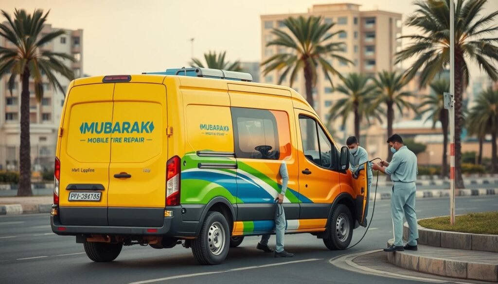 A modern mobile tire repair service van with a warm, inviting aesthetic. The vehicle is prominently featured, its exterior painted in bright, cheerful colors that convey a sense of reliability and professionalism. Technicians in crisp uniforms are tending to a customer's vehicle, efficiently changing a tire on the side of the road. In the background, the urban Kuwaiti landscape is visible, with buildings and palm trees creating a picturesque setting. Soft, natural lighting illuminates the scene, casting a pleasant, welcoming atmosphere. The overall composition emphasizes the convenience and comprehensive nature of the "Mubarak Mobile Tire Repair" service, ready to assist drivers anywhere in Kuwait. A modern mobile tire repair service van with a warm, inviting aesthetic. The vehicle is prominently featured, its exterior painted in bright, cheerful colors that convey a sense of reliability and professionalism. Technicians in crisp uniforms are tending to a customer's vehicle, efficiently changing a tire on the side of the road. In the background, the urban Kuwaiti landscape is visible, with buildings and palm trees creating a picturesque setting. Soft, natural lighting illuminates the scene, casting a pleasant, welcoming atmosphere. The overall composition emphasizes the convenience and comprehensive nature of the "Mubarak Mobile Tire Repair" service, ready to assist drivers anywhere in Kuwait.