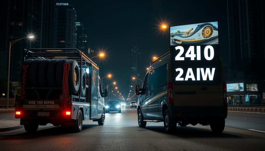 A modern, well-equipped mobile tire repair service operating 24 hours a day. In the foreground, a specialized vehicle with a large tire rack and various tools visible. The middle ground shows a dimly lit urban street at night, with streetlights casting a warm glow. In the background, a cityscape of high-rise buildings and billboards. The scene conveys a sense of reliable, on-demand roadside assistance available at any hour, ready to serve drivers in need. Soft, diffused lighting creates a professional, trustworthy atmosphere. The overall composition emphasizes the mobile, 24/7 nature of the tire repair service. A modern, well-equipped mobile tire repair service operating 24 hours a day. In the foreground, a specialized vehicle with a large tire rack and various tools visible. The middle ground shows a dimly lit urban street at night, with streetlights casting a warm glow. In the background, a cityscape of high-rise buildings and billboards. The scene conveys a sense of reliable, on-demand roadside assistance available at any hour, ready to serve drivers in need. Soft, diffused lighting creates a professional, trustworthy atmosphere. The overall composition emphasizes the mobile, 24/7 nature of the tire repair service.