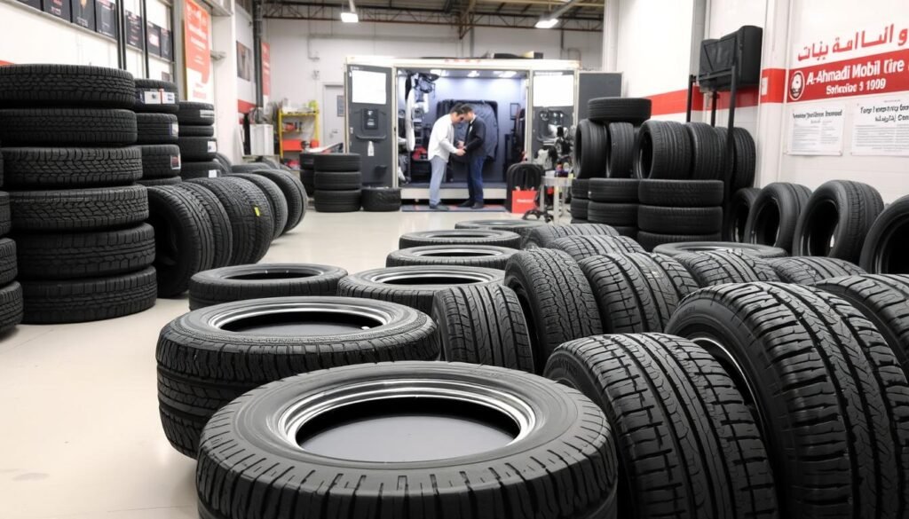 A neatly organized display of various tire types and sizes, showcasing the comprehensive range of automotive tire options available for on-site service. The foreground features a selection of radial, all-season, and high-performance tires in diverse sizes, textures, and tread patterns, positioned on a clean, well-lit surface. The middle ground depicts the tire service process, with a skilled technician inspecting the tires and a well-equipped mobile workshop in the background, conveying the convenience and professionalism of the on-site tire replacement service. The overall scene radiates a sense of expertise, reliability, and customer-centric service, reflecting the expertise and dedication of the "Al-Ahmadi Mobile Tire Service." A neatly organized display of various tire types and sizes, showcasing the comprehensive range of automotive tire options available for on-site service. The foreground features a selection of radial, all-season, and high-performance tires in diverse sizes, textures, and tread patterns, positioned on a clean, well-lit surface. The middle ground depicts the tire service process, with a skilled technician inspecting the tires and a well-equipped mobile workshop in the background, conveying the convenience and professionalism of the on-site tire replacement service. The overall scene radiates a sense of expertise, reliability, and customer-centric service, reflecting the expertise and dedication of the "Al-Ahmadi Mobile Tire Service."