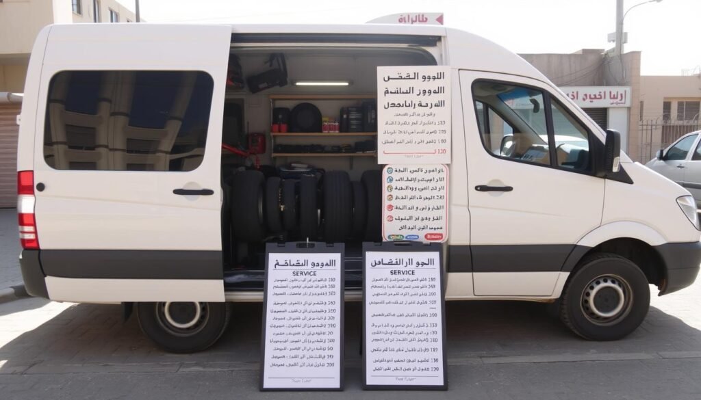 A neatly organized mobile tire repair service in the Farwaniya district, with a prominent display of service prices and offerings. The scene features a well-equipped van parked on a sun-dappled street, its side panels showcasing the service menu in Arabic script. The van's interior is visible, revealing a tidy workspace filled with tools and supplies. The foreground is dominated by a clear price list, presented in a clean, easy-to-read format. The overall atmosphere conveys a sense of efficiency, reliability, and transparency, inviting passersby to consider the mobile tire repair service as a convenient solution for their automotive needs. A neatly organized mobile tire repair service in the Farwaniya district, with a prominent display of service prices and offerings. The scene features a well-equipped van parked on a sun-dappled street, its side panels showcasing the service menu in Arabic script. The van's interior is visible, revealing a tidy workspace filled with tools and supplies. The foreground is dominated by a clear price list, presented in a clean, easy-to-read format. The overall atmosphere conveys a sense of efficiency, reliability, and transparency, inviting passersby to consider the mobile tire repair service as a convenient solution for their automotive needs.