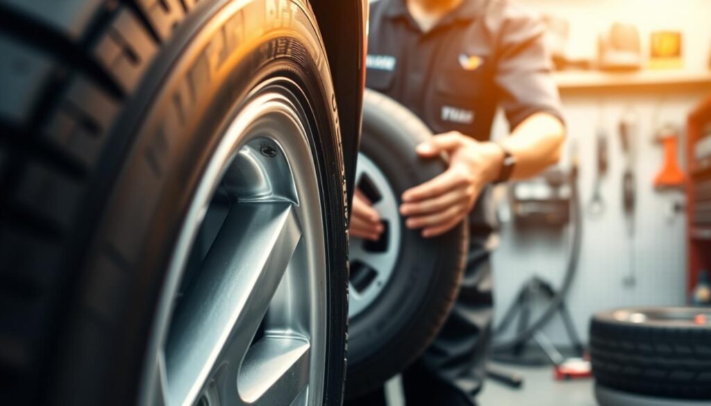A pristine car tire in the foreground, its treads and sidewall details sharply in focus, illuminated by warm, natural lighting. In the middle ground, a mechanic's hands expertly inspecting the tire's condition, conveying a sense of care and expertise. The background depicts a well-equipped garage, with tools and equipment neatly organized, suggesting a professional, reliable automotive service environment. The overall atmosphere is one of attention to detail, maintenance, and the importance of proper tire care for safe and efficient vehicle operation. A pristine car tire in the foreground, its treads and sidewall details sharply in focus, illuminated by warm, natural lighting. In the middle ground, a mechanic's hands expertly inspecting the tire's condition, conveying a sense of care and expertise. The background depicts a well-equipped garage, with tools and equipment neatly organized, suggesting a professional, reliable automotive service environment. The overall atmosphere is one of attention to detail, maintenance, and the importance of proper tire care for safe and efficient vehicle operation.