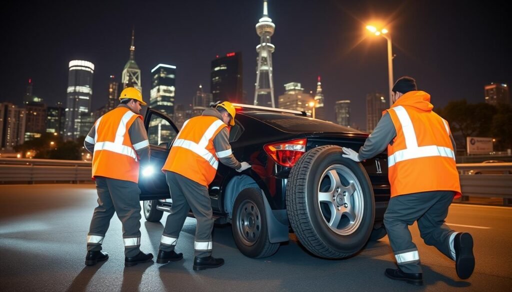 A professional mobile tire repair team working diligently in a well-lit urban setting. The crew, dressed in bright, high-visibility uniforms, expertly maneuver around a disabled vehicle, efficiently changing a flat tire. In the background, the city skyline is visible, hinting at the team's ability to provide their services even in bustling metropolitan areas. The scene exudes a sense of professionalism, competence, and reliability, capturing the essence of a "professional mobile tire repair service" as described in the section title. A professional mobile tire repair team working diligently in a well-lit urban setting. The crew, dressed in bright, high-visibility uniforms, expertly maneuver around a disabled vehicle, efficiently changing a flat tire. In the background, the city skyline is visible, hinting at the team's ability to provide their services even in bustling metropolitan areas. The scene exudes a sense of professionalism, competence, and reliability, capturing the essence of a "professional mobile tire repair service" as described in the section title.
