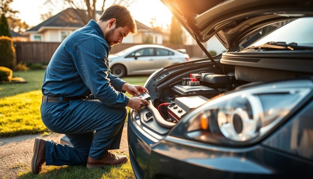 A skilled mechanic replacing a car battery in a well-lit residential setting. The scene shows a man in a blue jumpsuit kneeling next to an open car hood, carefully removing the old battery and preparing to install a new one. The background features a neatly manicured lawn, a parked car, and a house in the distance, conveying a sense of a tranquil, suburban environment. Warm, natural lighting casts soft shadows, adding depth and dimension to the image. The overall mood is one of professionalism, efficiency, and the convenience of on-site car maintenance services. A skilled mechanic replacing a car battery in a well-lit residential setting. The scene shows a man in a blue jumpsuit kneeling next to an open car hood, carefully removing the old battery and preparing to install a new one. The background features a neatly manicured lawn, a parked car, and a house in the distance, conveying a sense of a tranquil, suburban environment. Warm, natural lighting casts soft shadows, adding depth and dimension to the image. The overall mood is one of professionalism, efficiency, and the convenience of on-site car maintenance services.
