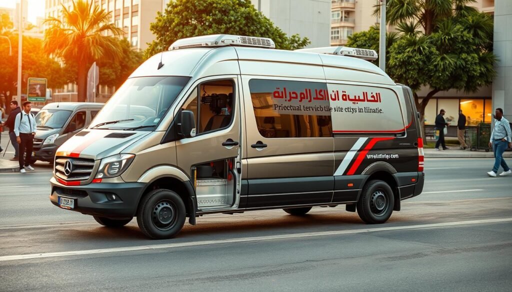 A sleek, well-equipped mobile auto repair van parked on a city street, its logo prominently displayed. The van's interior is visible, revealing a range of tools and equipment ready to service vehicles on-site. The surrounding area is bustling with activity, capturing the convenience and accessibility of this mobile repair service. Warm, natural lighting enhances the scene, conveying a sense of professionalism and reliability. The composition emphasizes the van's prominent placement, showcasing its role in providing efficient and convenient tire and vehicle maintenance services directly to customers in Kuwait. A sleek, well-equipped mobile auto repair van parked on a city street, its logo prominently displayed. The van's interior is visible, revealing a range of tools and equipment ready to service vehicles on-site. The surrounding area is bustling with activity, capturing the convenience and accessibility of this mobile repair service. Warm, natural lighting enhances the scene, conveying a sense of professionalism and reliability. The composition emphasizes the van's prominent placement, showcasing its role in providing efficient and convenient tire and vehicle maintenance services directly to customers in Kuwait.