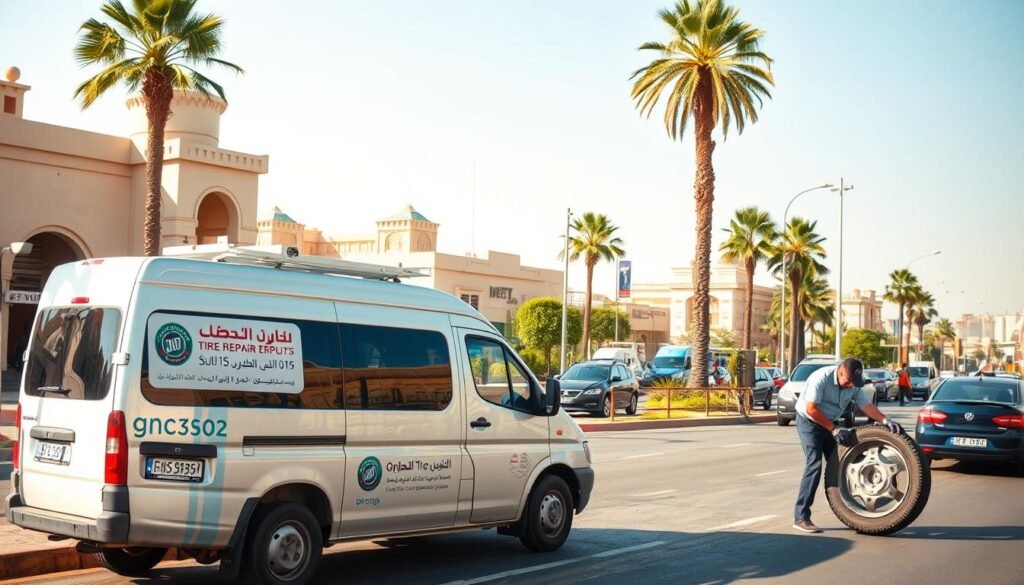 A street scene depicting a mobile tire repair service in Kuwait. In the foreground, a well-equipped van with the company's logo on the side is parked on the side of the road, its owner tending to a customer's flat tire. The middle ground shows a busy urban environment with a mix of pedestrians, cars, and buildings. The background features the distinctive architecture and landscaping of Kuwait, with palm trees and a clear blue sky overhead. The lighting is natural and warm, creating a inviting atmosphere. The overall scene conveys the efficiency and convenience of the mobile tire repair service, catering to the needs of the local community. A street scene depicting a mobile tire repair service in Kuwait. In the foreground, a well-equipped van with the company's logo on the side is parked on the side of the road, its owner tending to a customer's flat tire. The middle ground shows a busy urban environment with a mix of pedestrians, cars, and buildings. The background features the distinctive architecture and landscaping of Kuwait, with palm trees and a clear blue sky overhead. The lighting is natural and warm, creating a inviting atmosphere. The overall scene conveys the efficiency and convenience of the mobile tire repair service, catering to the needs of the local community.