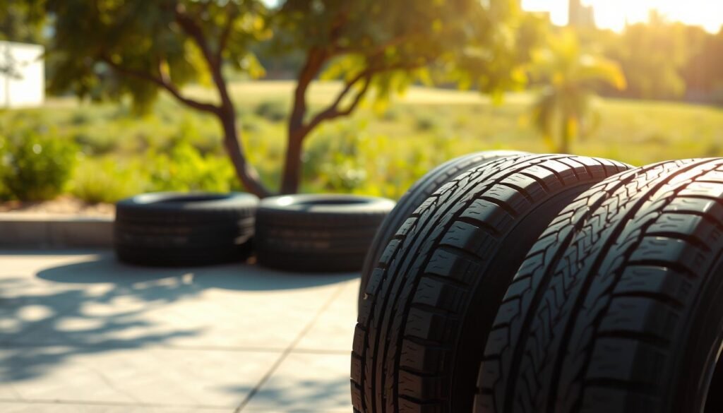 A sun-dappled outdoor scene showcasing a selection of premium Bridgestone tires. In the foreground, a set of high-performance radial tires with intricate tread patterns and gleaming sidewalls, their quality and durability evident. In the middle ground, a well-maintained, spotless concrete surface, reflecting the tires' mirror-like sheen. The background features a serene, verdant landscape, hinting at the tires' suitability for the Kuwaiti terrain. Soft, warm lighting bathes the scene, conveying a sense of reliability and comfort. The overall composition exudes a professional, yet approachable atmosphere, highlighting the tires' suitability for the needs of a mobile tire repair service in Kuwait. A sun-dappled outdoor scene showcasing a selection of premium Bridgestone tires. In the foreground, a set of high-performance radial tires with intricate tread patterns and gleaming sidewalls, their quality and durability evident. In the middle ground, a well-maintained, spotless concrete surface, reflecting the tires' mirror-like sheen. The background features a serene, verdant landscape, hinting at the tires' suitability for the Kuwaiti terrain. Soft, warm lighting bathes the scene, conveying a sense of reliability and comfort. The overall composition exudes a professional, yet approachable atmosphere, highlighting the tires' suitability for the needs of a mobile tire repair service in Kuwait.
